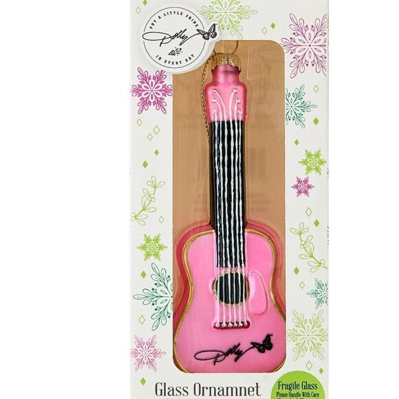 Dolly Parton Pink Guitar Glass Christmas Ornament - Picture 2 of 8